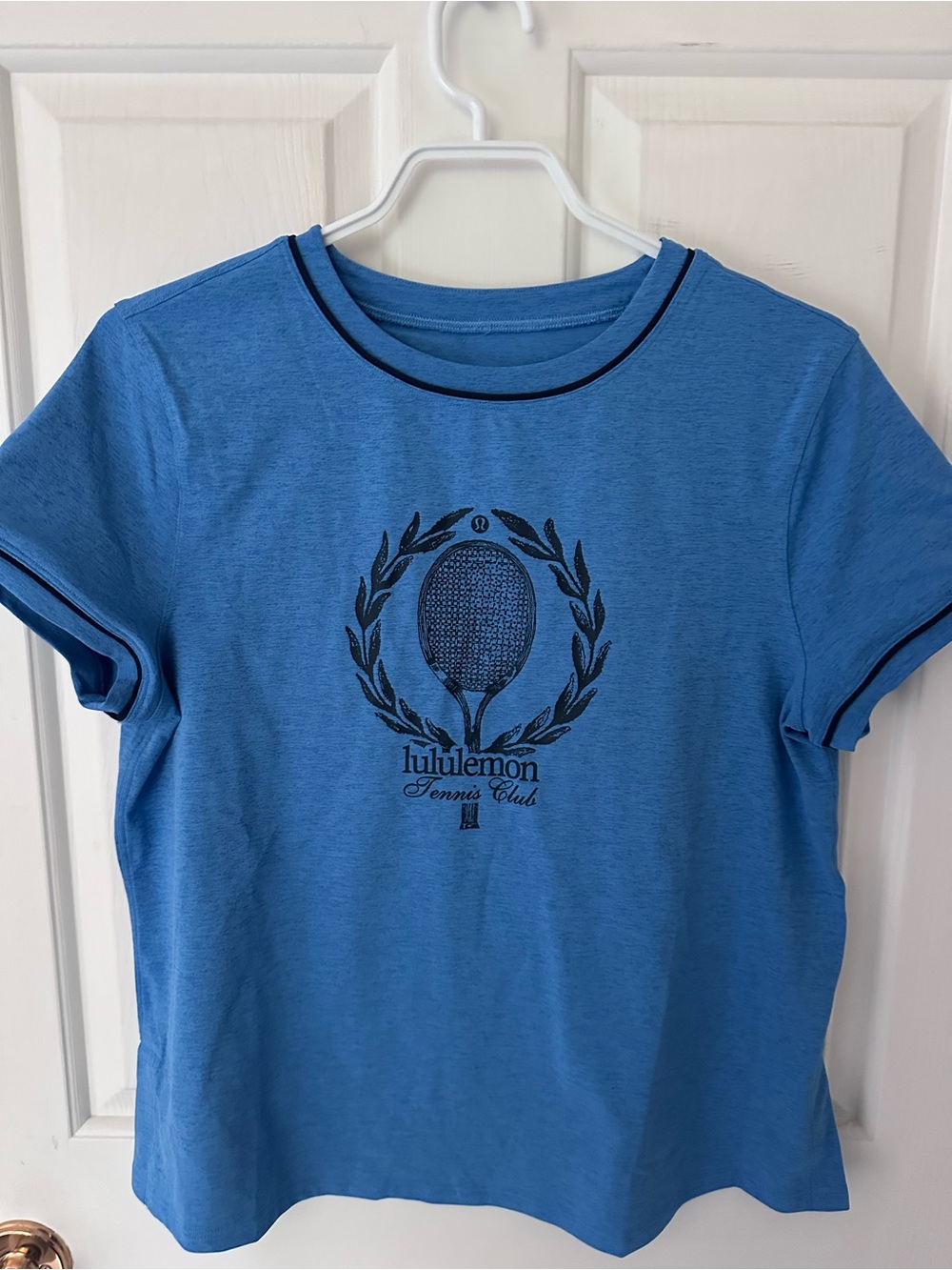 lululemon athletica Blue Tee with Navy Trim and Tennis Graphic